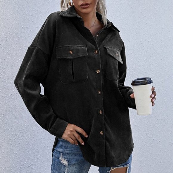 Black Boyfriend fit oversized shacket jacket cordu - Picture 1 of 7